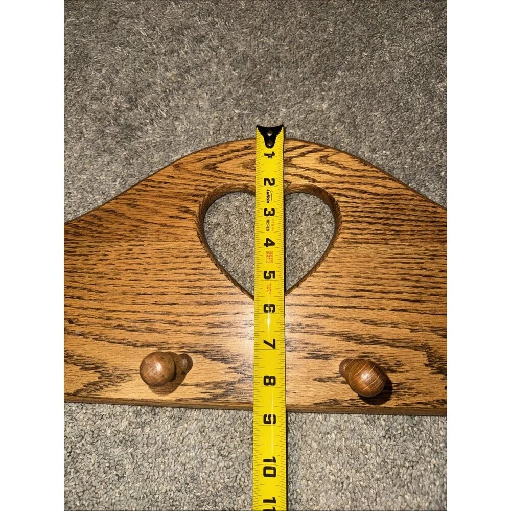 Vtg 4 Peg Oak Wood Heart Cutout Wall Hanging Coat Rack Country Rustic Cottage